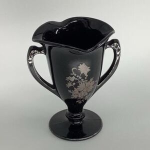 Vintage LE Smith Amethyst Glass Trophy Vase Silver Floral Double Handle Ruffled